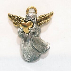 Liz Claiborne Angel Holding Heart Silver Gold Tone Brooch Pin 2"